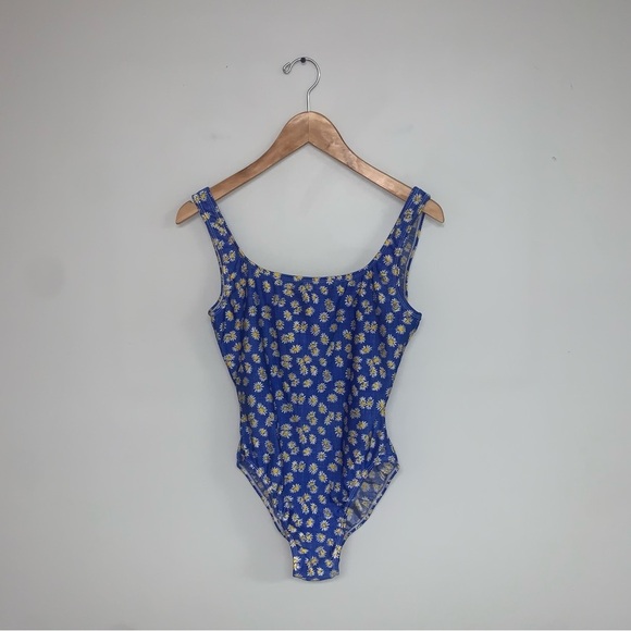 Vintage Basic Editions One-Piece Swimsuit Size Medium Floral Daisies Blue Pin-Up - Picture 2 of 8